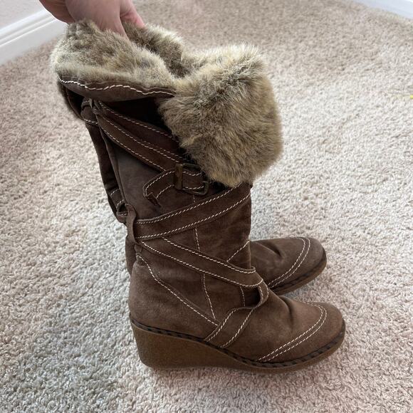 Don Diego Suede Faux Fur Buckle Wedge Snow Winter Boots size 8.5 / 39 Tan - Picture 3 of 14